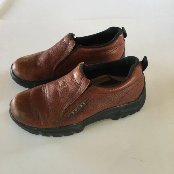 Roper Performance Rodeo Western Leather Brown Slip-On Shoes Round Toe Si… - Picture 2 of 8